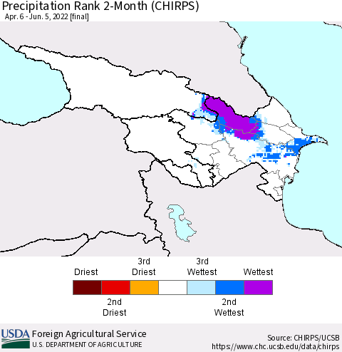 Azerbaijan, Armenia and Georgia Precipitation Rank since 1981, 2-Month (CHIRPS) Thematic Map For 4/6/2022 - 6/5/2022
