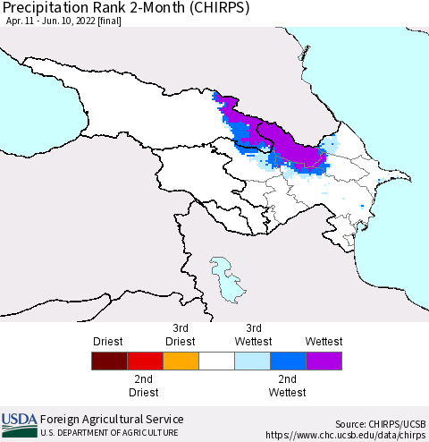 Azerbaijan, Armenia and Georgia Precipitation Rank since 1981, 2-Month (CHIRPS) Thematic Map For 4/11/2022 - 6/10/2022