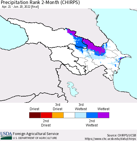 Azerbaijan, Armenia and Georgia Precipitation Rank since 1981, 2-Month (CHIRPS) Thematic Map For 4/21/2022 - 6/20/2022