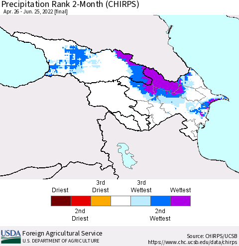 Azerbaijan, Armenia and Georgia Precipitation Rank since 1981, 2-Month (CHIRPS) Thematic Map For 4/26/2022 - 6/25/2022