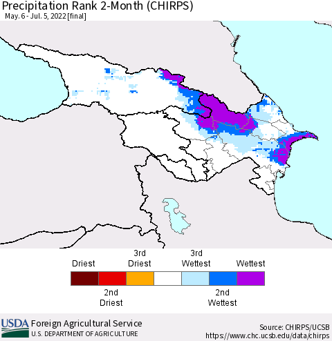 Azerbaijan, Armenia and Georgia Precipitation Rank since 1981, 2-Month (CHIRPS) Thematic Map For 5/6/2022 - 7/5/2022
