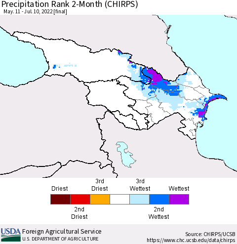 Azerbaijan, Armenia and Georgia Precipitation Rank since 1981, 2-Month (CHIRPS) Thematic Map For 5/11/2022 - 7/10/2022