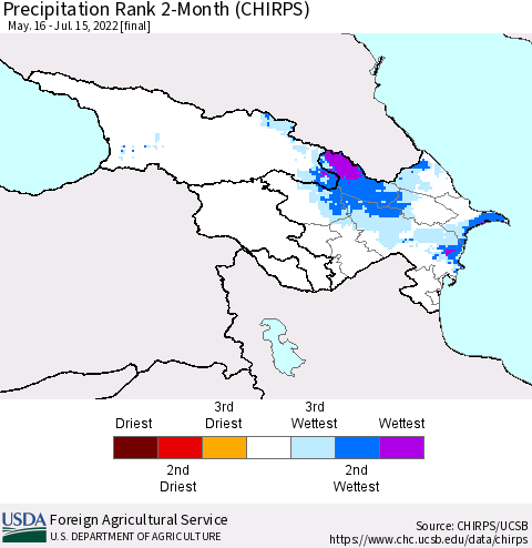 Azerbaijan, Armenia and Georgia Precipitation Rank since 1981, 2-Month (CHIRPS) Thematic Map For 5/16/2022 - 7/15/2022