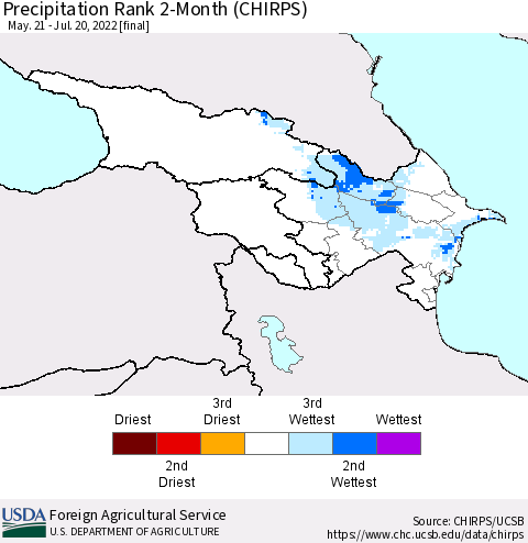 Azerbaijan, Armenia and Georgia Precipitation Rank since 1981, 2-Month (CHIRPS) Thematic Map For 5/21/2022 - 7/20/2022