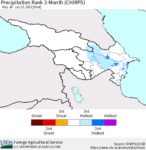 Azerbaijan, Armenia and Georgia Precipitation Rank since 1981, 2-Month (CHIRPS) Thematic Map For 5/26/2022 - 7/25/2022