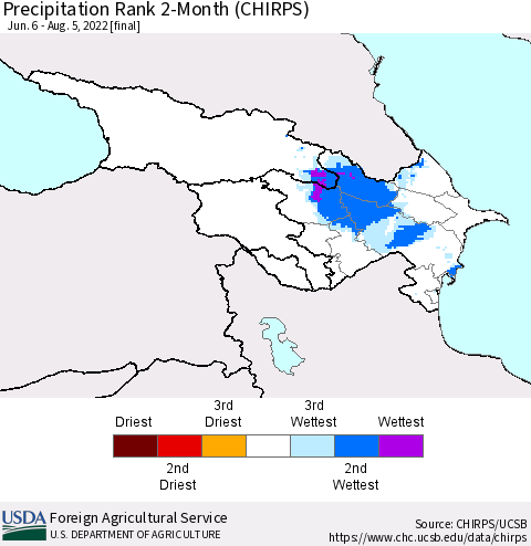 Azerbaijan, Armenia and Georgia Precipitation Rank since 1981, 2-Month (CHIRPS) Thematic Map For 6/6/2022 - 8/5/2022