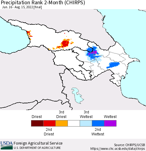 Azerbaijan, Armenia and Georgia Precipitation Rank since 1981, 2-Month (CHIRPS) Thematic Map For 6/16/2022 - 8/15/2022