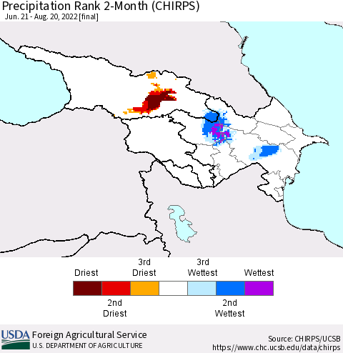 Azerbaijan, Armenia and Georgia Precipitation Rank since 1981, 2-Month (CHIRPS) Thematic Map For 6/21/2022 - 8/20/2022