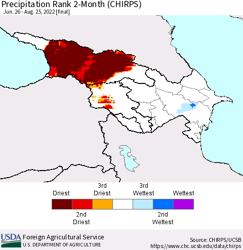 Azerbaijan, Armenia and Georgia Precipitation Rank since 1981, 2-Month (CHIRPS) Thematic Map For 6/26/2022 - 8/25/2022