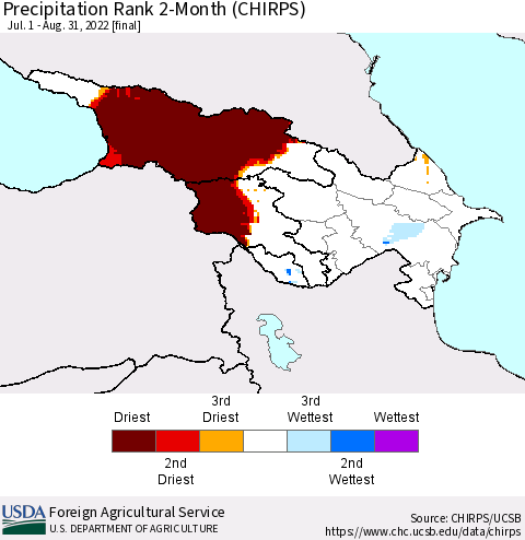 Azerbaijan, Armenia and Georgia Precipitation Rank since 1981, 2-Month (CHIRPS) Thematic Map For 7/1/2022 - 8/31/2022