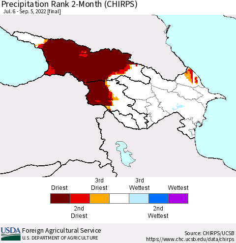 Azerbaijan, Armenia and Georgia Precipitation Rank since 1981, 2-Month (CHIRPS) Thematic Map For 7/6/2022 - 9/5/2022