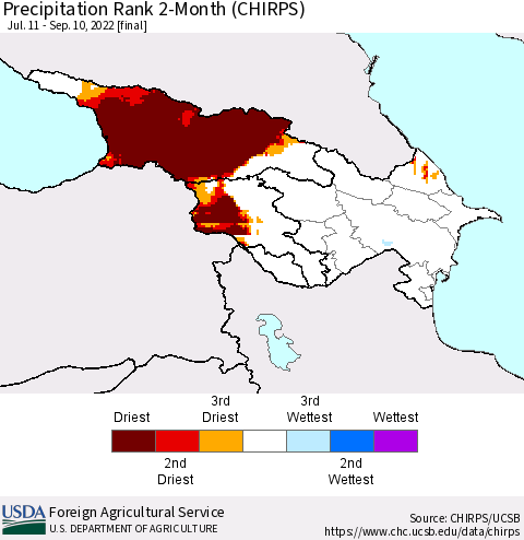 Azerbaijan, Armenia and Georgia Precipitation Rank since 1981, 2-Month (CHIRPS) Thematic Map For 7/11/2022 - 9/10/2022