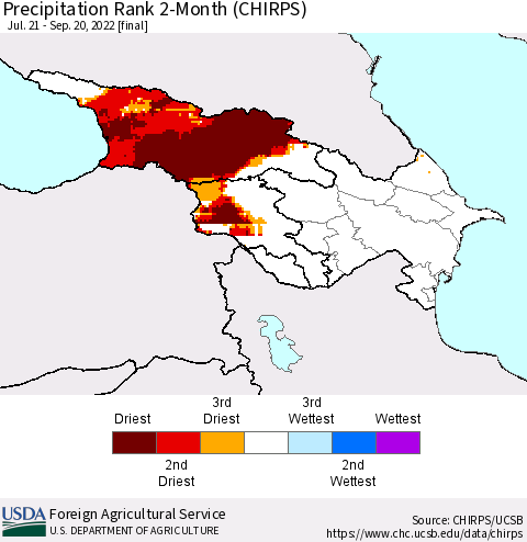 Azerbaijan, Armenia and Georgia Precipitation Rank since 1981, 2-Month (CHIRPS) Thematic Map For 7/21/2022 - 9/20/2022