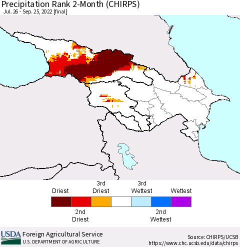 Azerbaijan, Armenia and Georgia Precipitation Rank since 1981, 2-Month (CHIRPS) Thematic Map For 7/26/2022 - 9/25/2022