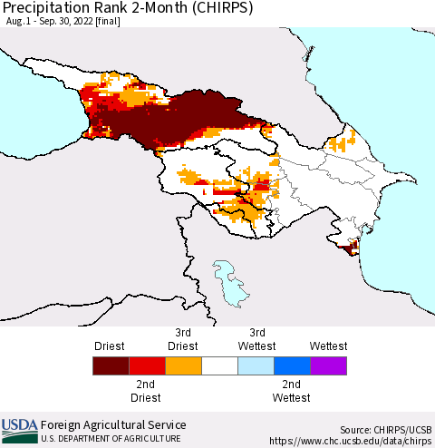 Azerbaijan, Armenia and Georgia Precipitation Rank since 1981, 2-Month (CHIRPS) Thematic Map For 8/1/2022 - 9/30/2022