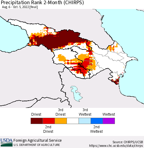 Azerbaijan, Armenia and Georgia Precipitation Rank since 1981, 2-Month (CHIRPS) Thematic Map For 8/6/2022 - 10/5/2022