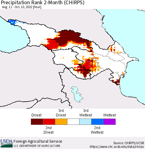 Azerbaijan, Armenia and Georgia Precipitation Rank since 1981, 2-Month (CHIRPS) Thematic Map For 8/11/2022 - 10/10/2022