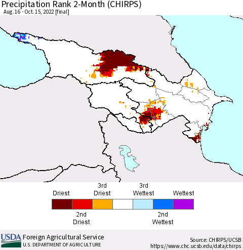 Azerbaijan, Armenia and Georgia Precipitation Rank since 1981, 2-Month (CHIRPS) Thematic Map For 8/16/2022 - 10/15/2022