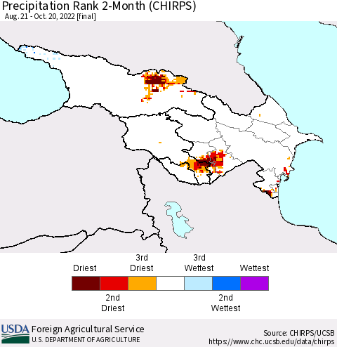 Azerbaijan, Armenia and Georgia Precipitation Rank since 1981, 2-Month (CHIRPS) Thematic Map For 8/21/2022 - 10/20/2022
