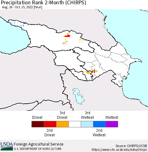 Azerbaijan, Armenia and Georgia Precipitation Rank since 1981, 2-Month (CHIRPS) Thematic Map For 8/26/2022 - 10/25/2022