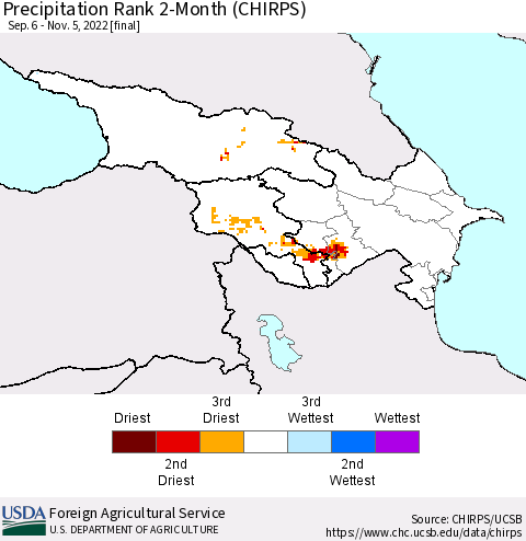 Azerbaijan, Armenia and Georgia Precipitation Rank since 1981, 2-Month (CHIRPS) Thematic Map For 9/6/2022 - 11/5/2022