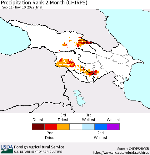 Azerbaijan, Armenia and Georgia Precipitation Rank since 1981, 2-Month (CHIRPS) Thematic Map For 9/11/2022 - 11/10/2022