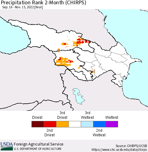 Azerbaijan, Armenia and Georgia Precipitation Rank since 1981, 2-Month (CHIRPS) Thematic Map For 9/16/2022 - 11/15/2022