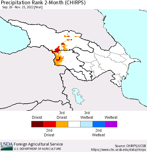 Azerbaijan, Armenia and Georgia Precipitation Rank since 1981, 2-Month (CHIRPS) Thematic Map For 9/26/2022 - 11/25/2022