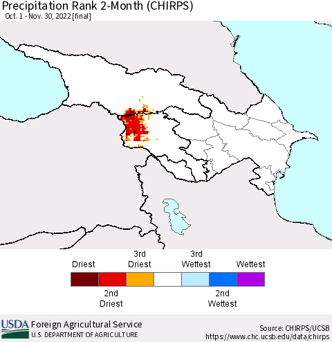 Azerbaijan, Armenia and Georgia Precipitation Rank since 1981, 2-Month (CHIRPS) Thematic Map For 10/1/2022 - 11/30/2022