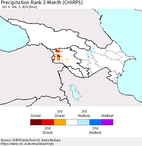 Azerbaijan, Armenia and Georgia Precipitation Rank since 1981, 2-Month (CHIRPS) Thematic Map For 10/6/2022 - 12/5/2022