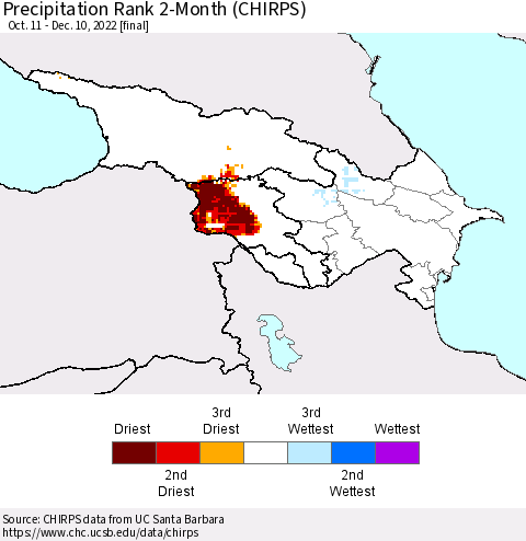 Azerbaijan, Armenia and Georgia Precipitation Rank since 1981, 2-Month (CHIRPS) Thematic Map For 10/11/2022 - 12/10/2022