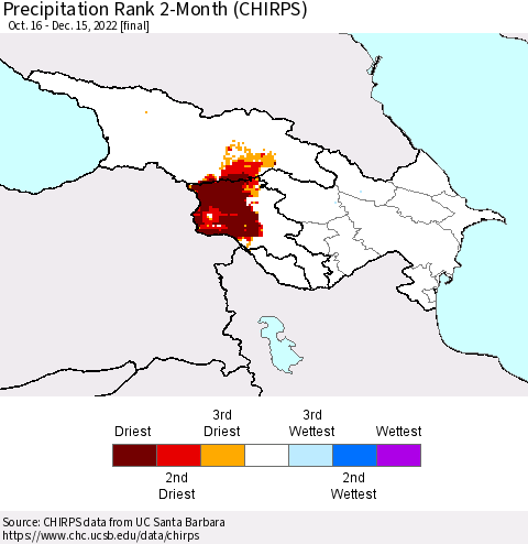 Azerbaijan, Armenia and Georgia Precipitation Rank since 1981, 2-Month (CHIRPS) Thematic Map For 10/16/2022 - 12/15/2022