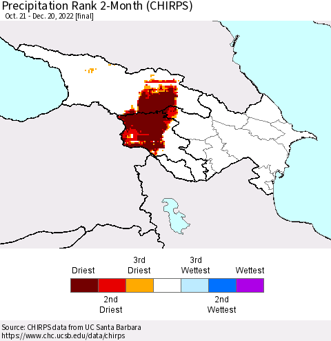 Azerbaijan, Armenia and Georgia Precipitation Rank since 1981, 2-Month (CHIRPS) Thematic Map For 10/21/2022 - 12/20/2022