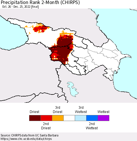 Azerbaijan, Armenia and Georgia Precipitation Rank since 1981, 2-Month (CHIRPS) Thematic Map For 10/26/2022 - 12/25/2022