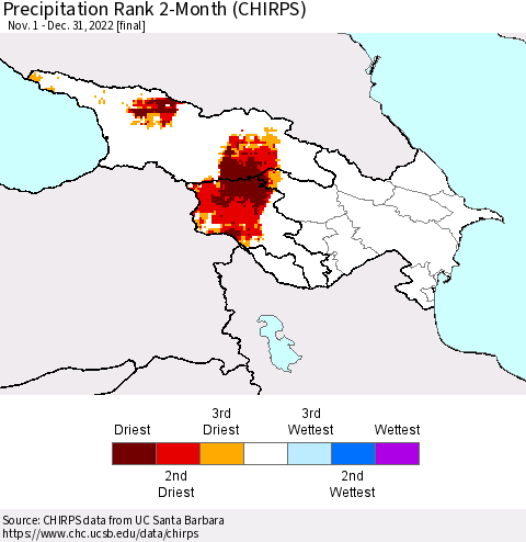 Azerbaijan, Armenia and Georgia Precipitation Rank since 1981, 2-Month (CHIRPS) Thematic Map For 11/1/2022 - 12/31/2022