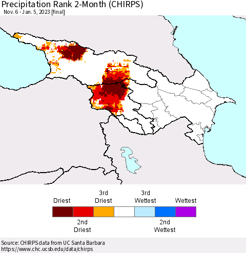 Azerbaijan, Armenia and Georgia Precipitation Rank since 1981, 2-Month (CHIRPS) Thematic Map For 11/6/2022 - 1/5/2023
