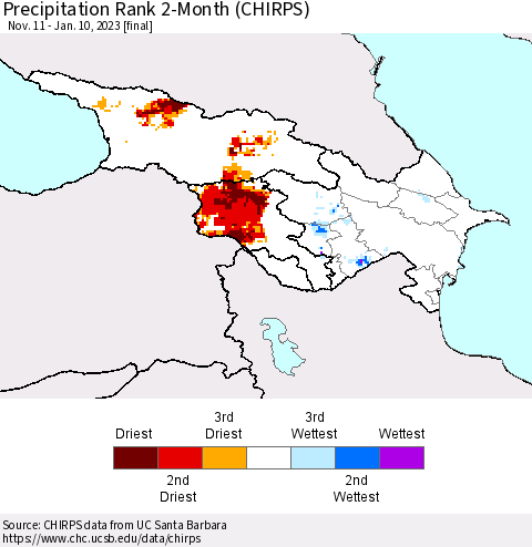 Azerbaijan, Armenia and Georgia Precipitation Rank since 1981, 2-Month (CHIRPS) Thematic Map For 11/11/2022 - 1/10/2023