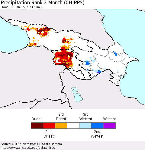 Azerbaijan, Armenia and Georgia Precipitation Rank since 1981, 2-Month (CHIRPS) Thematic Map For 11/16/2022 - 1/15/2023