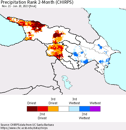 Azerbaijan, Armenia and Georgia Precipitation Rank since 1981, 2-Month (CHIRPS) Thematic Map For 11/21/2022 - 1/20/2023