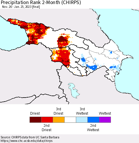 Azerbaijan, Armenia and Georgia Precipitation Rank since 1981, 2-Month (CHIRPS) Thematic Map For 11/26/2022 - 1/25/2023