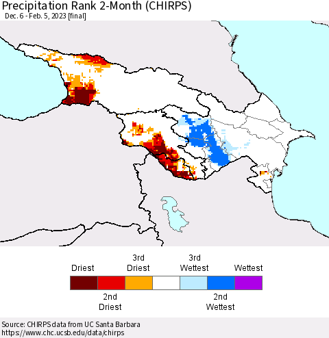 Azerbaijan, Armenia and Georgia Precipitation Rank since 1981, 2-Month (CHIRPS) Thematic Map For 12/6/2022 - 2/5/2023