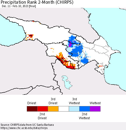 Azerbaijan, Armenia and Georgia Precipitation Rank since 1981, 2-Month (CHIRPS) Thematic Map For 12/11/2022 - 2/10/2023