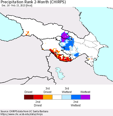 Azerbaijan, Armenia and Georgia Precipitation Rank since 1981, 2-Month (CHIRPS) Thematic Map For 12/16/2022 - 2/15/2023
