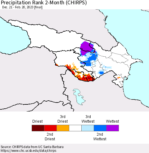 Azerbaijan, Armenia and Georgia Precipitation Rank since 1981, 2-Month (CHIRPS) Thematic Map For 12/21/2022 - 2/20/2023