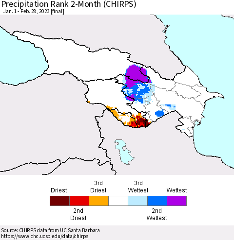 Azerbaijan, Armenia and Georgia Precipitation Rank since 1981, 2-Month (CHIRPS) Thematic Map For 1/1/2023 - 2/28/2023