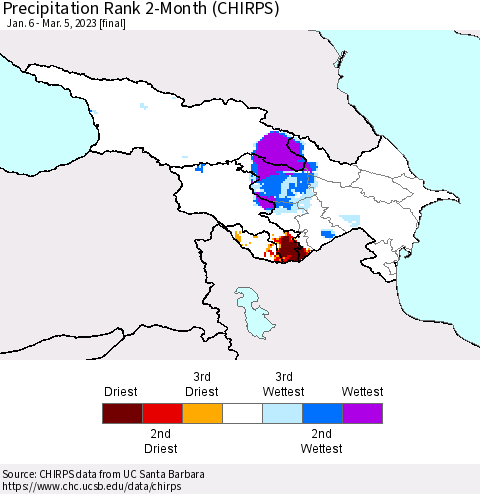 Azerbaijan, Armenia and Georgia Precipitation Rank since 1981, 2-Month (CHIRPS) Thematic Map For 1/6/2023 - 3/5/2023