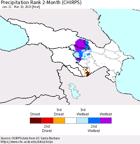 Azerbaijan, Armenia and Georgia Precipitation Rank since 1981, 2-Month (CHIRPS) Thematic Map For 1/11/2023 - 3/10/2023