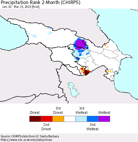 Azerbaijan, Armenia and Georgia Precipitation Rank since 1981, 2-Month (CHIRPS) Thematic Map For 1/16/2023 - 3/15/2023