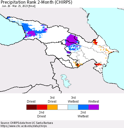 Azerbaijan, Armenia and Georgia Precipitation Rank since 1981, 2-Month (CHIRPS) Thematic Map For 1/26/2023 - 3/25/2023