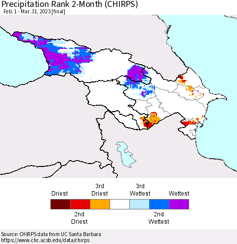 Azerbaijan, Armenia and Georgia Precipitation Rank since 1981, 2-Month (CHIRPS) Thematic Map For 2/1/2023 - 3/31/2023